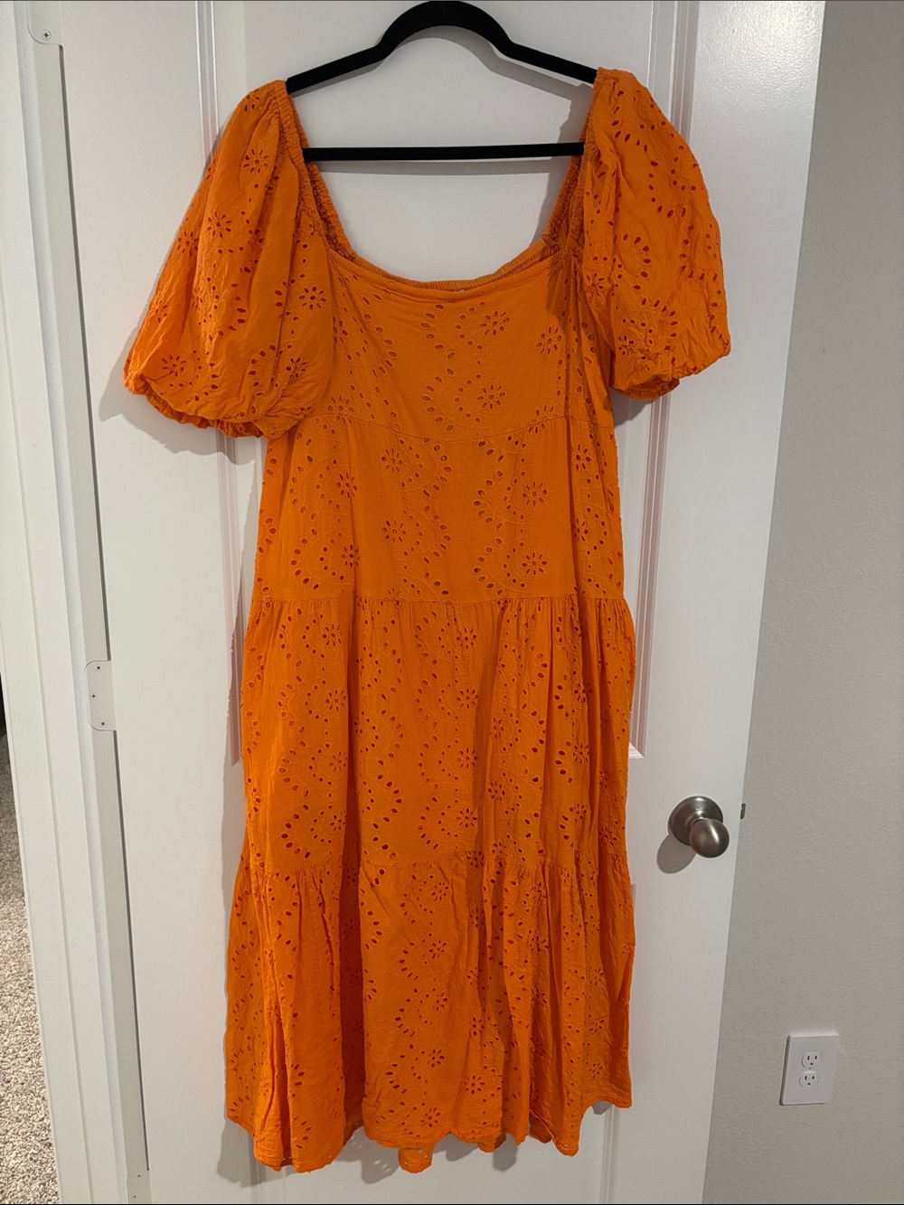 Orange Eyelet Puff-Sleeve Maxi Dress